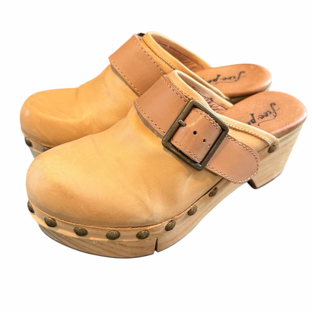 Free People Culver City Clog Mule Leather Studded Wooden Platform Light Academia - Picture 13 of 14